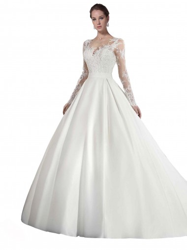 Long Sleeves Illusion Neck Satin & Lace A-Line Wedding Dress Brighton