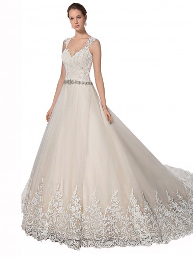 Sleeveless Ivory & Champagne Sweetheart Tulle & Lace A-Line Wedding Dresses Brighton