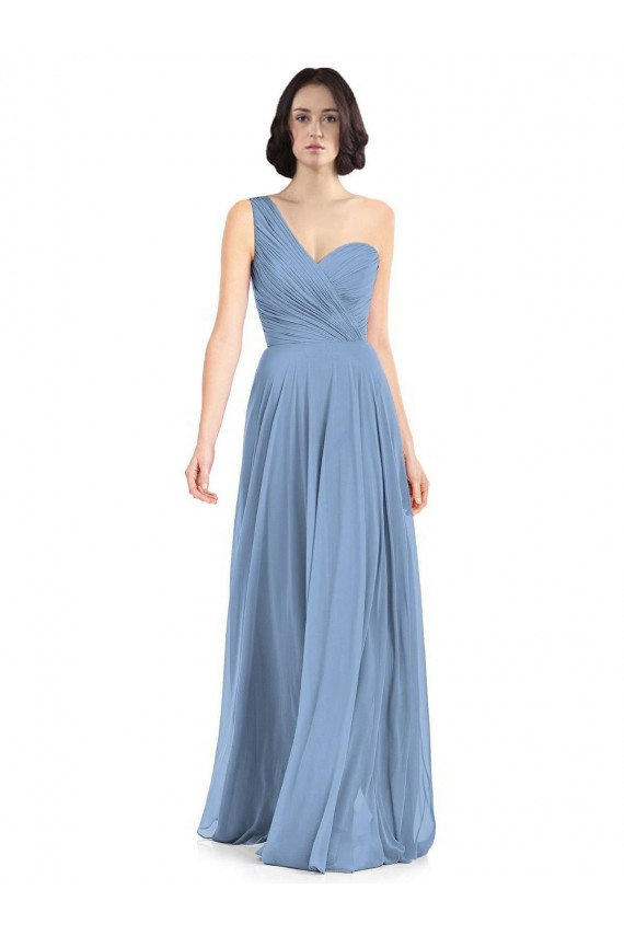 Sleeveless Dusty Blue One Shoulder Soft Chiffon A-Line Formal Dress / Bridesmaid Dress Brighton