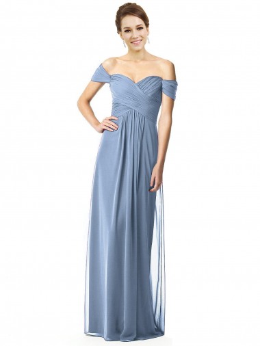 Cap Sleeves Dusty Blue Off the Shoulder Soft Chiffon A-Line Bridesmaid Dress Brighton