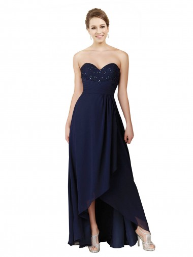 Sleeveless Dark Navy Sweetheart Soft Chiffon A-Line High Low Bridesmaid Dress Brighton
