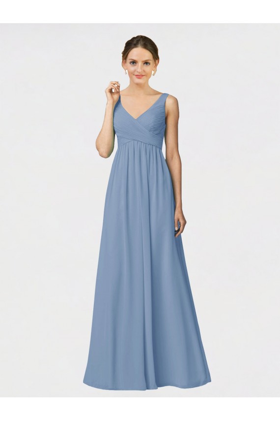 Sleeveless Dusty Blue Spaghetti Straps Soft Chiffon A-Line Bridesmaid Gown Brighton