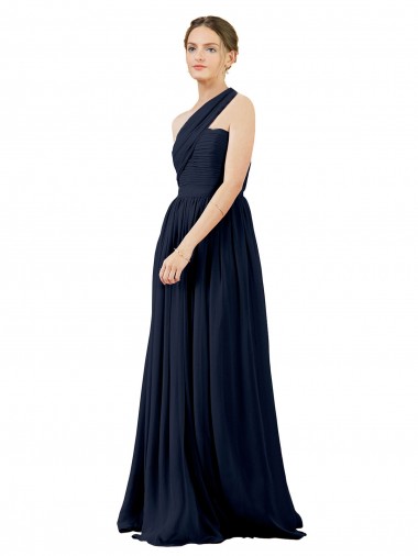 Sleeveless Dark Navy One Shoulder Chiffon A-Line Bridal Party Dress / Evening Dress Brighton
