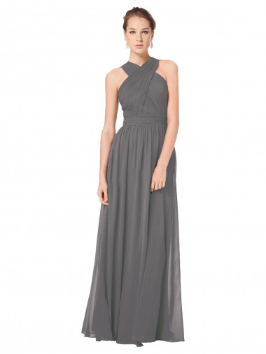Sleeveless Stormy Silver Halter Neck Keyhole Back Soft Chiffon A-Line Bridesmaid Dress Brighton