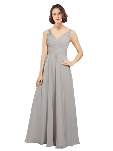 Sleeveless Oyster Silver V-Neck V-Back Soft Chiffon A-Line Bridesmaid Dress Brighton