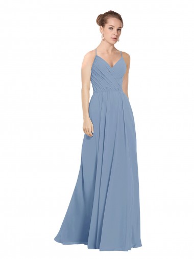 Sleeveless Dusty Blue V-Neck V-Back Soft Chiffon A-Line Evening Dress / Bridesmaid Dress Brighton
