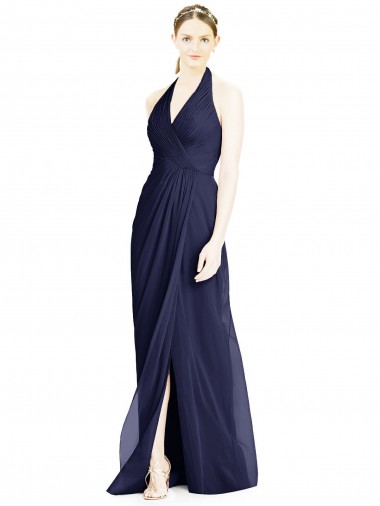 Sleeveless Dark Navy Halter Neck Open Back Soft Chiffon A-Line Formal Dress / Bridesmaid Dress Brighton