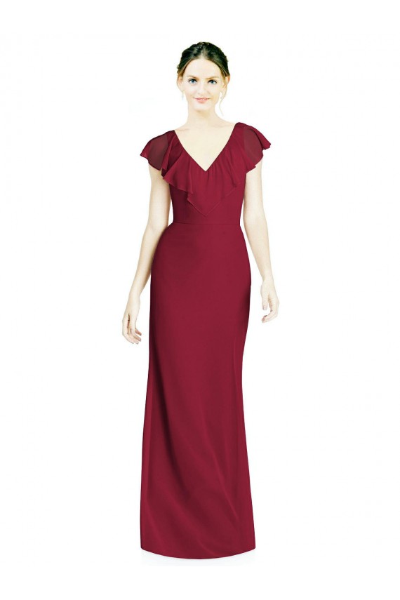Sleeveless Burgundy V-Neck V-Back Soft Chiffon Trumpet Bridesmaid Dress Brighton