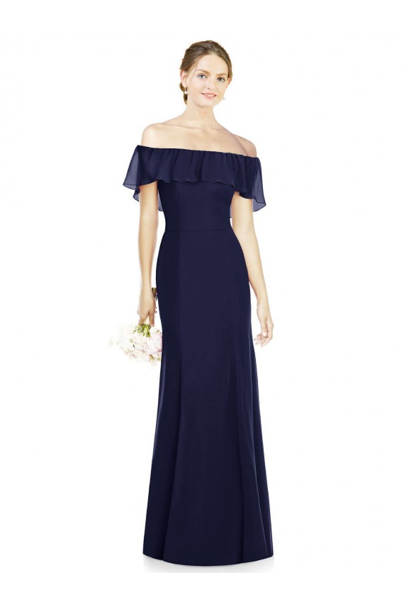 Sleeveless Dark Navy Off the Shoulder Soft Chiffon Trumpet Bridesmaid Dress Brighton