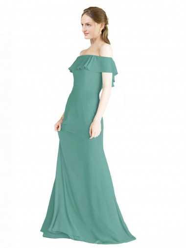 Sleeveless Icelandic Silver Off the Shoulder Soft Chiffon A-Line Bridal Party Dress Brighton