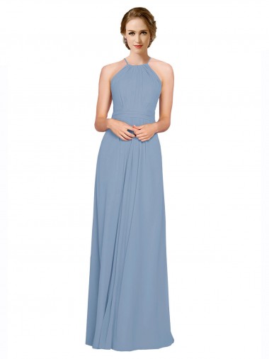 Sleeveless Dusty Blue Halter Neck Criss Cross Open Back Chiffon A-Line Bridesmaid Dress / Evening Dress Brighton