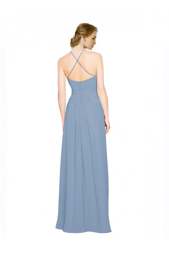 Sleeveless Dusty Blue Halter Neck Criss Cross Open Back Chiffon A-Line Bridesmaid Dress / Evening Dress Brighton