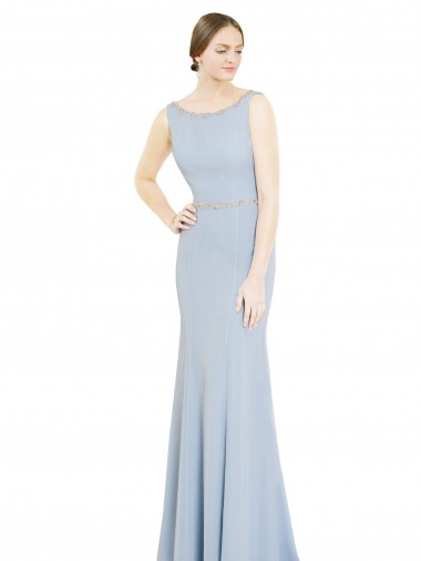 Sleeveless Light Sky Blue Boat Neck Low Back Soft Chiffon A-Line Bridesmaid Dress Brighton