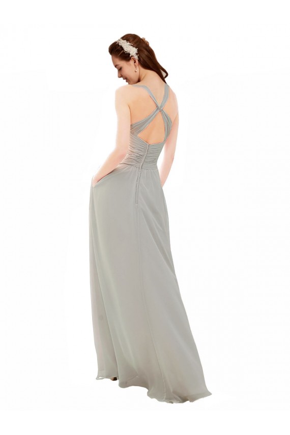 Sleeveless Silver Spaghetti Straps Criss Cross Back Soft Chiffon A-Line Bridesmaid Dress Brighton