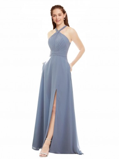Sleeveless Halter Neck Soft Chiffon A-Line Evening Dress / Bridal Party Dress Brighton