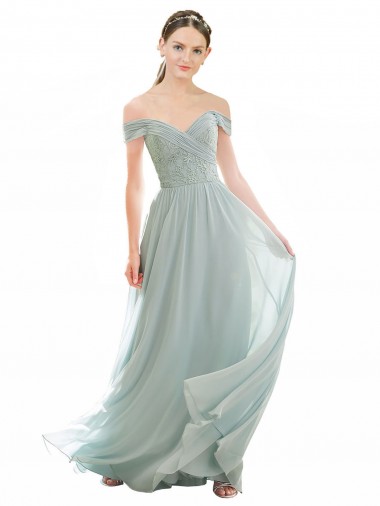 Cap Sleeves Sea Glass Off the Shoulder Soft Chiffon & Lace A-Line Bridesmaid Dress Brighton