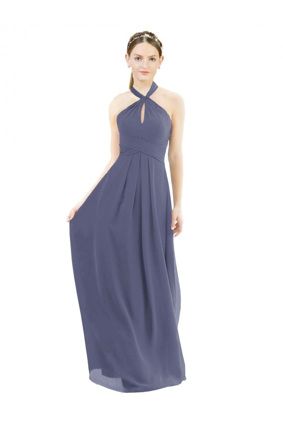 Sleeveless Silver Stone Halter Neck Low Back Soft Chiffon A-Line Bridesmaid Dress Brighton