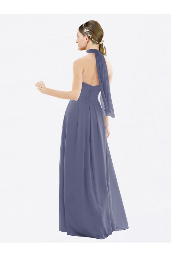 Sleeveless Silver Stone Halter Neck Low Back Soft Chiffon A-Line Bridesmaid Dress Brighton