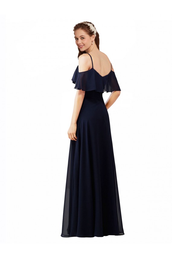 Sleeveless Dark Navy Off the Shoulder Soft Chiffon A-Line Bridesmaid Dress Brighton
