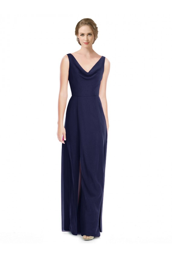 Sleeveless Dark Navy Cowl Neck V-Back Soft Chiffon A-Line Bridesmaid Dress Brighton