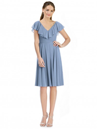 Cap Sleeves Dusty Blue V-Neck V-Back Soft Chiffon A-Line Bridesmaid Dress Brighton