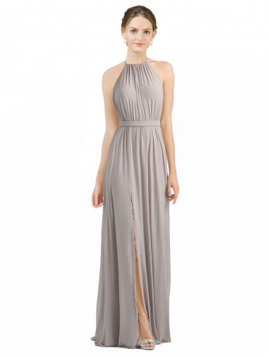 Sleeveless Oyster Silver Halter Neck Open Back Soft Chiffon A-Line Bridesmaid Dress Brighton