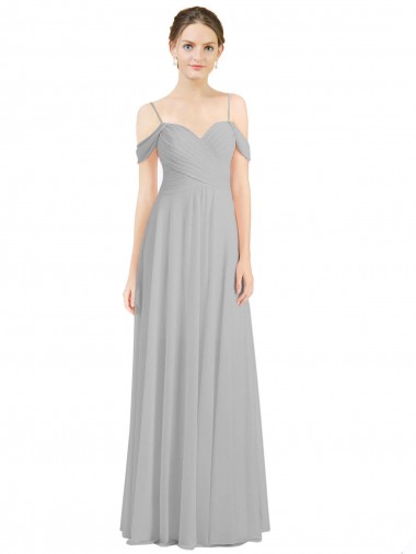 Sleeveless Silver Off the Shoulder Low Back Lxue Chiffon A-Line Bridesmaid Dress Brighton