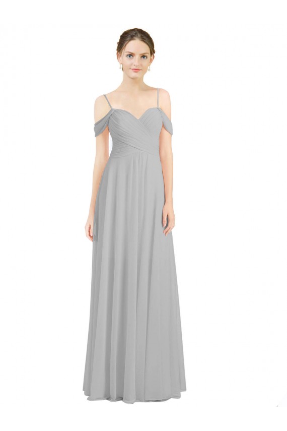 Sleeveless Silver Off the Shoulder Low Back Lxue Chiffon A-Line Bridesmaid Dress Brighton