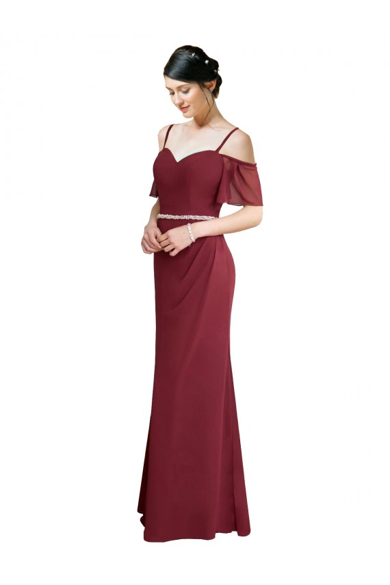 Cold Shoulder Burgundy Spaghetti Straps Low Back Soft Chiffon A-Line Bridesmaid Dress Brighton