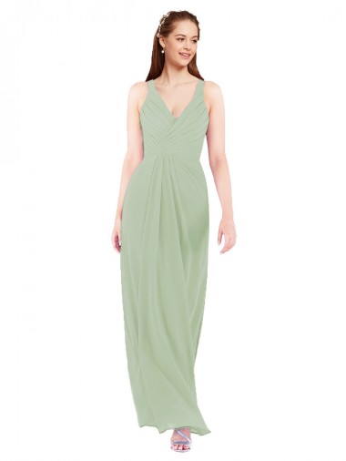 Sleeveless Smoke Green V-Neck Keyhole Back Soft Chiffon Sheath Bridesmaid Dress Brighton
