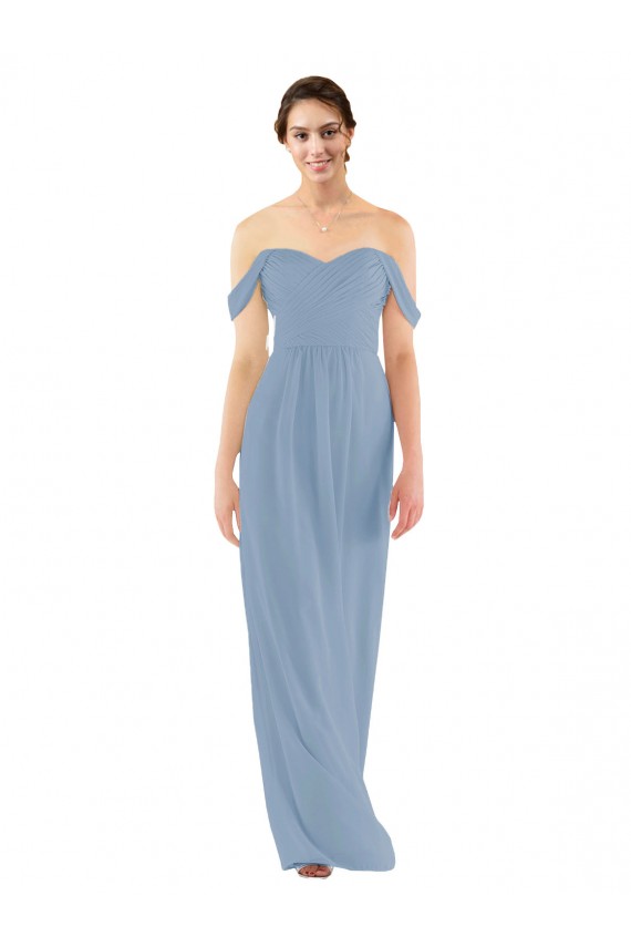 Sleeveless Dusty Blue Off the Shoulder Soft Chiffon Sheath Bridesmaid Dress Brighton