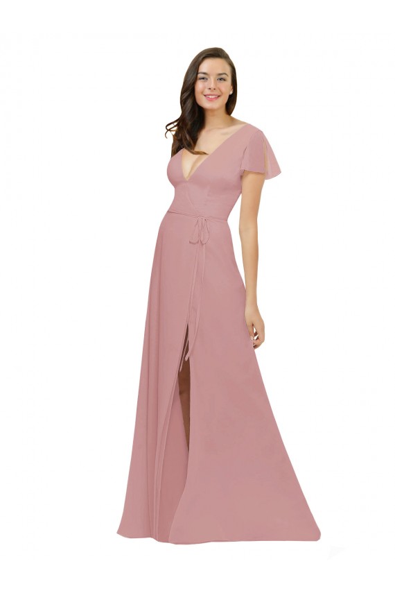 Flutter Sleeves Dusty Pink V-Neck V-Back Chiffon A-Line Bridesmaid Dress / Evening Dress Brighton