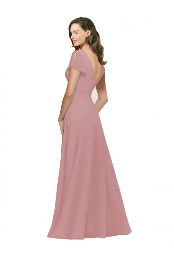 Flutter Sleeves Dusty Pink V-Neck V-Back Chiffon A-Line Bridesmaid Dress / Evening Dress Brighton