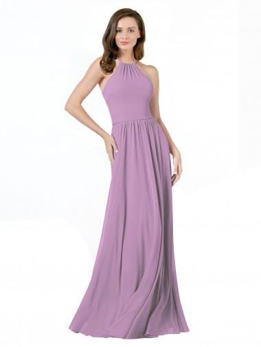 Sleeveless Dark Lavender Halter Neck Soft Chiffon A-Line Bridesmaid Dress Brighton