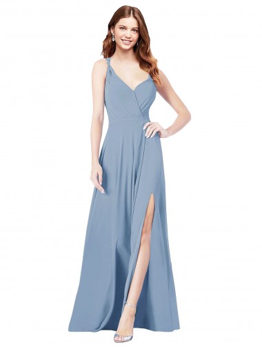 Sleeveless Dusty Blue Spaghetti Straps Keyhole Back Soft Chiffon A-Line Formal Dress / Bridesmaid Dress Brighton
