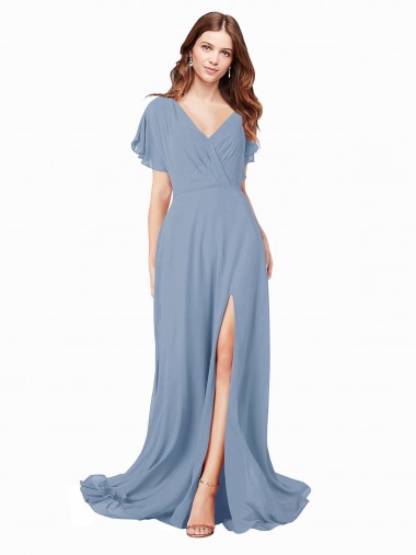 Cap Sleeves V-Neck Soft Chiffon A-Line Black Tie Prom Dress / Bridesmaid Dress Brighton