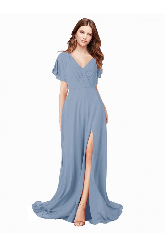 Cap Sleeves V-Neck Soft Chiffon A-Line Black Tie Prom Dress / Bridesmaid Dress Brighton