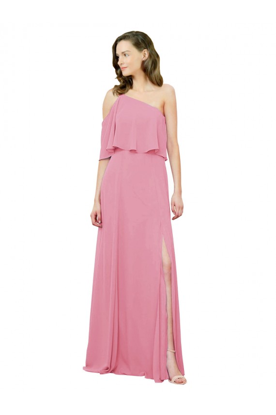 Sleeveless Skin Pink One Shoulder Soft Chiffon A-Line Bridal Party Dress Brighton