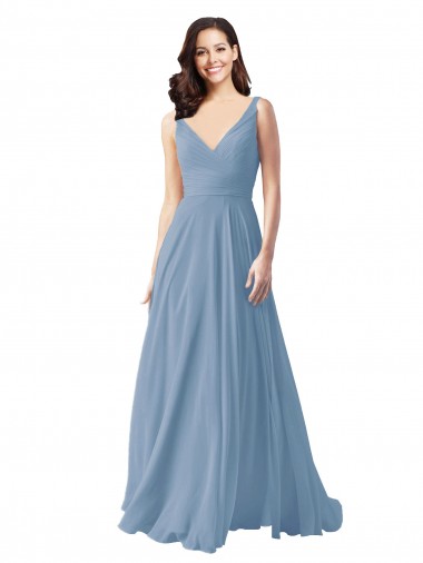 Sleeveless Dusty Blue V-Neck Chiffon A-Line Wedding Party Dress Brighton