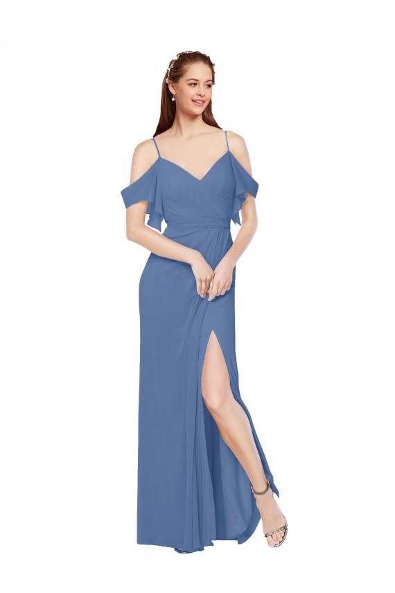 Sleeveless Windsor Blue Off the Shoulder Soft Chiffon A-Line Bridesmaid Dress Brighton