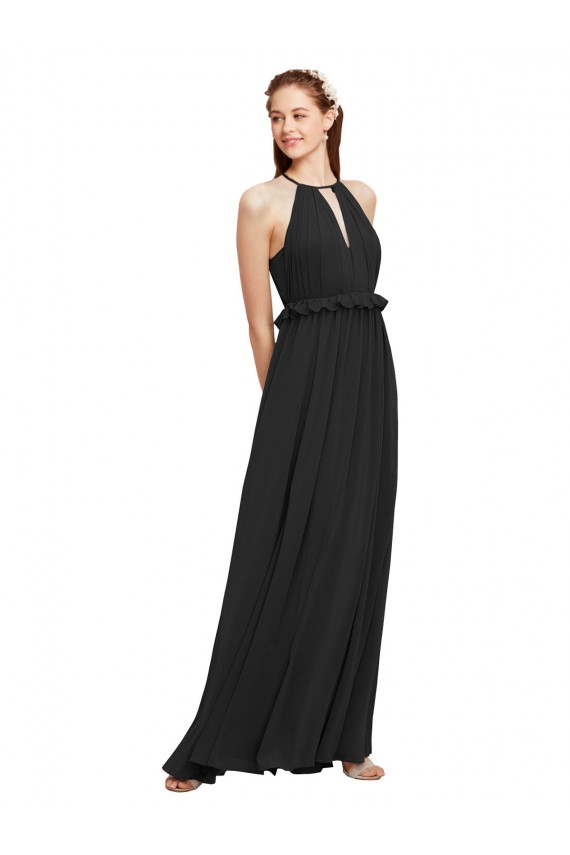 Sleeveless Black Halter Neck Keyhole Back Soft Chiffon Sheath Bridesmaid Dress Brighton