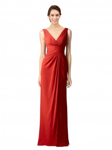 Sleeveless Red V-Neck V-Back Soft Chiffon Sheath Bridesmaid Dress Brighton