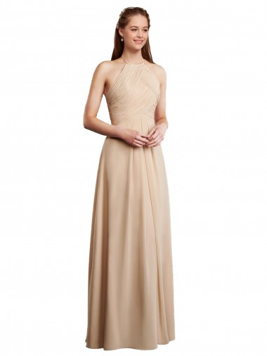 Sleeveless Champagne Halter Neck Low Back Soft Chiffon A-Line Bridesmaid Dress Brighton