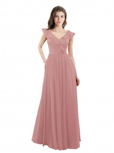 Cap Sleeves Dusty Pink V-Neck V-Back Soft Chiffon A-Line Bridesmaid Dress Brighton