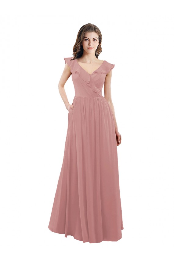 Cap Sleeves Dusty Pink V-Neck V-Back Soft Chiffon A-Line Bridesmaid Dress Brighton