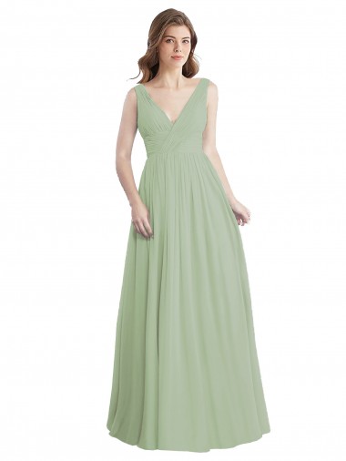 Sleeveless Smoke Green V-Neck V-Back Soft Chiffon A-Line Formal Dress / Bridesmaid Dress Brighton