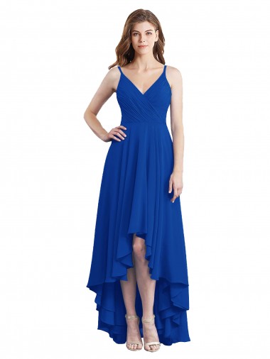 Sleeveless Royal Blue Spaghetti Straps Open Back Soft Chiffon A-Line High Low Bridesmaid Dress Brighton