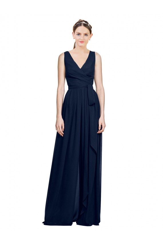 Sleeveless Dark Navy V-Neck Chiffon A-Line Wedding Party Dress Brighton
