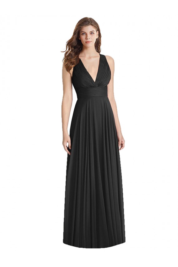 Sleeveless Black V-Neck Criss Cross Back Soft Chiffon A-Line Bridesmaid Dress Brighton