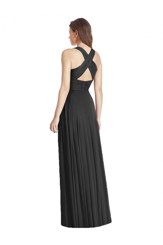 Sleeveless Black V-Neck Criss Cross Back Soft Chiffon A-Line Bridesmaid Dress Brighton